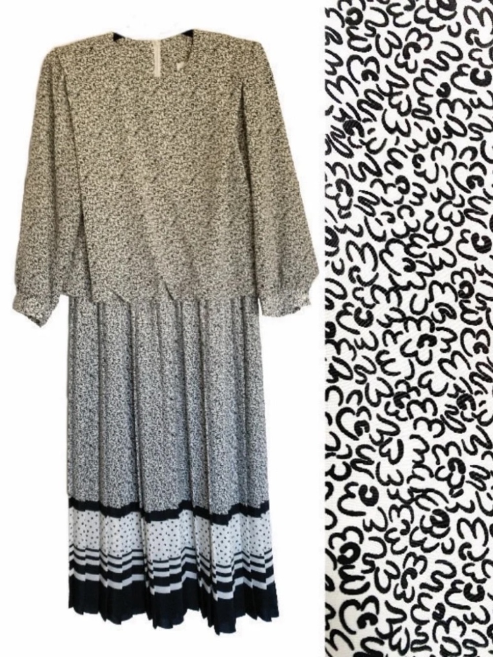 R.E.O. Originals Vintage Black White Abstract Print Pleated Midi Dress USA Sz 8